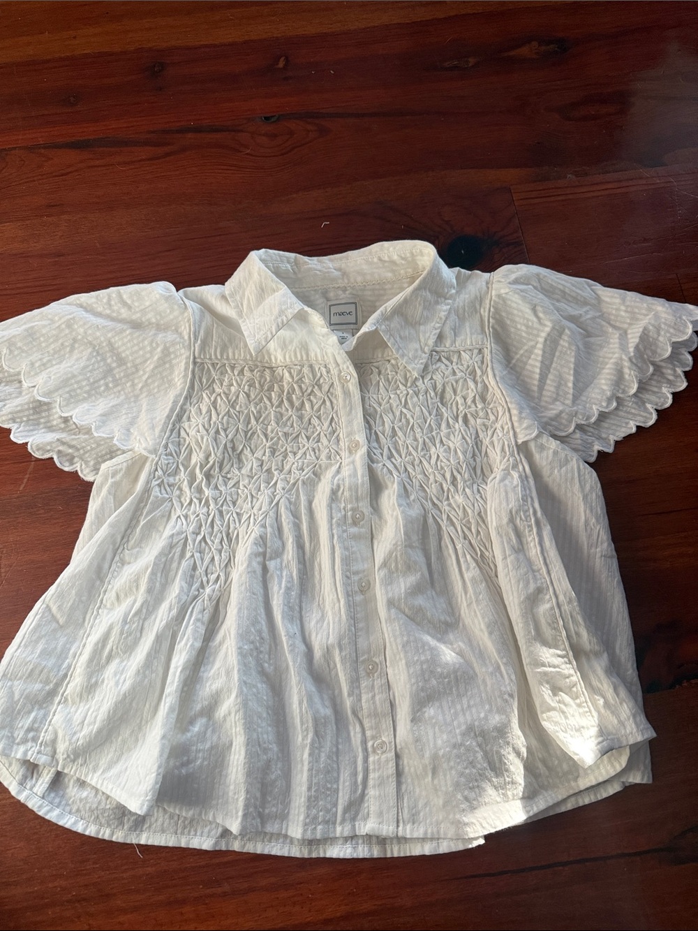 Maeve White Smocked Short-Sleeve Button Blouse